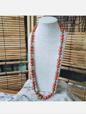 Faux Coral Color Long Swirled Marbled Bead Necklace Silver Accents Old Stock